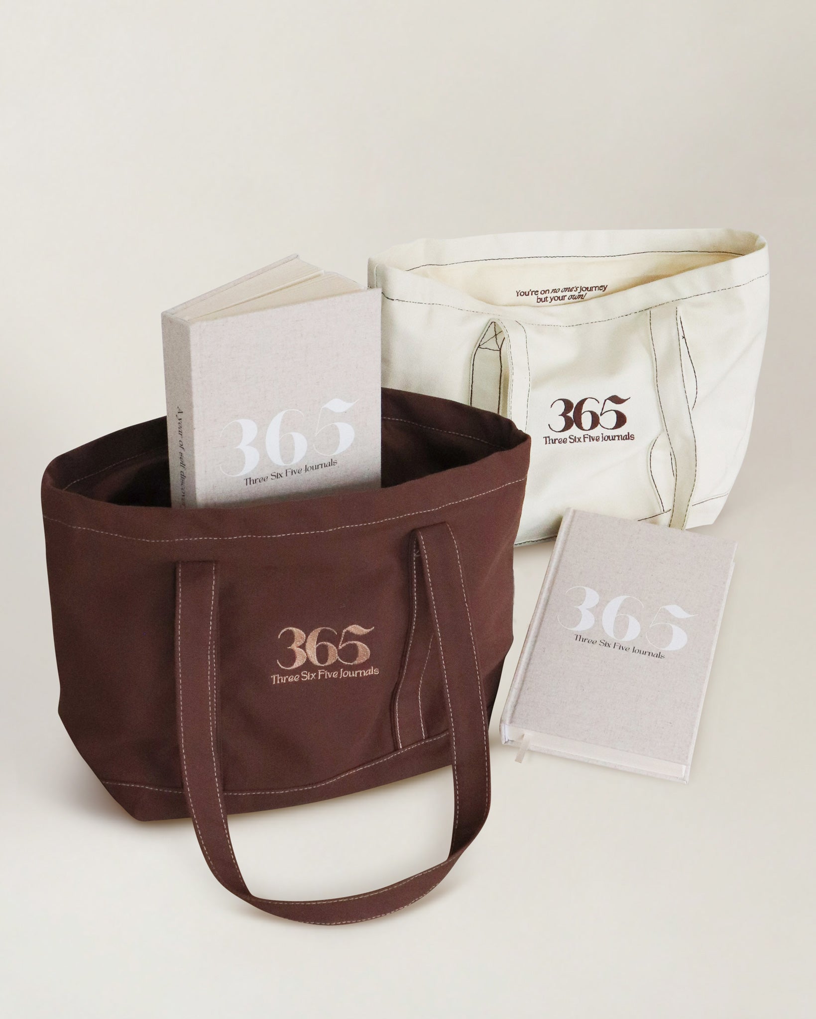 Brown tote bag with '365' branding on a white background