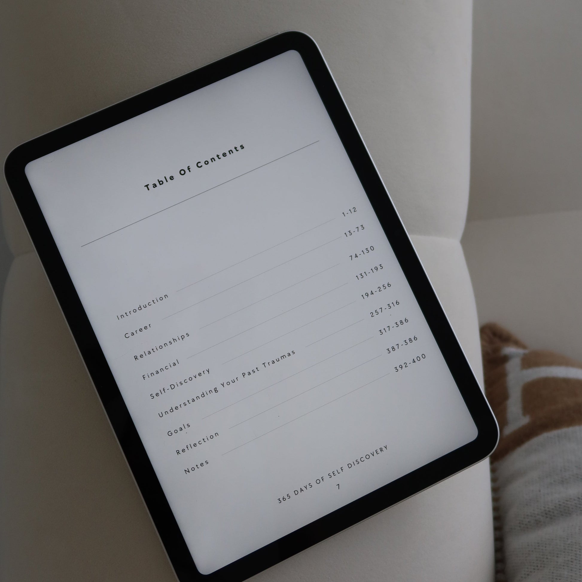 Three Six Five Journal - on an ipad with table of contents